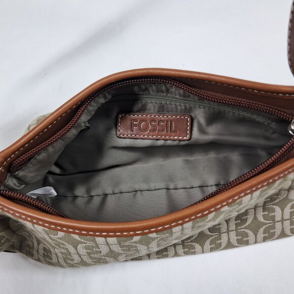 Vtg Fossil Brown Green Signature Jacquard Fabric Leather Trim Shoulder Demi Bag - Picture 7 of 14